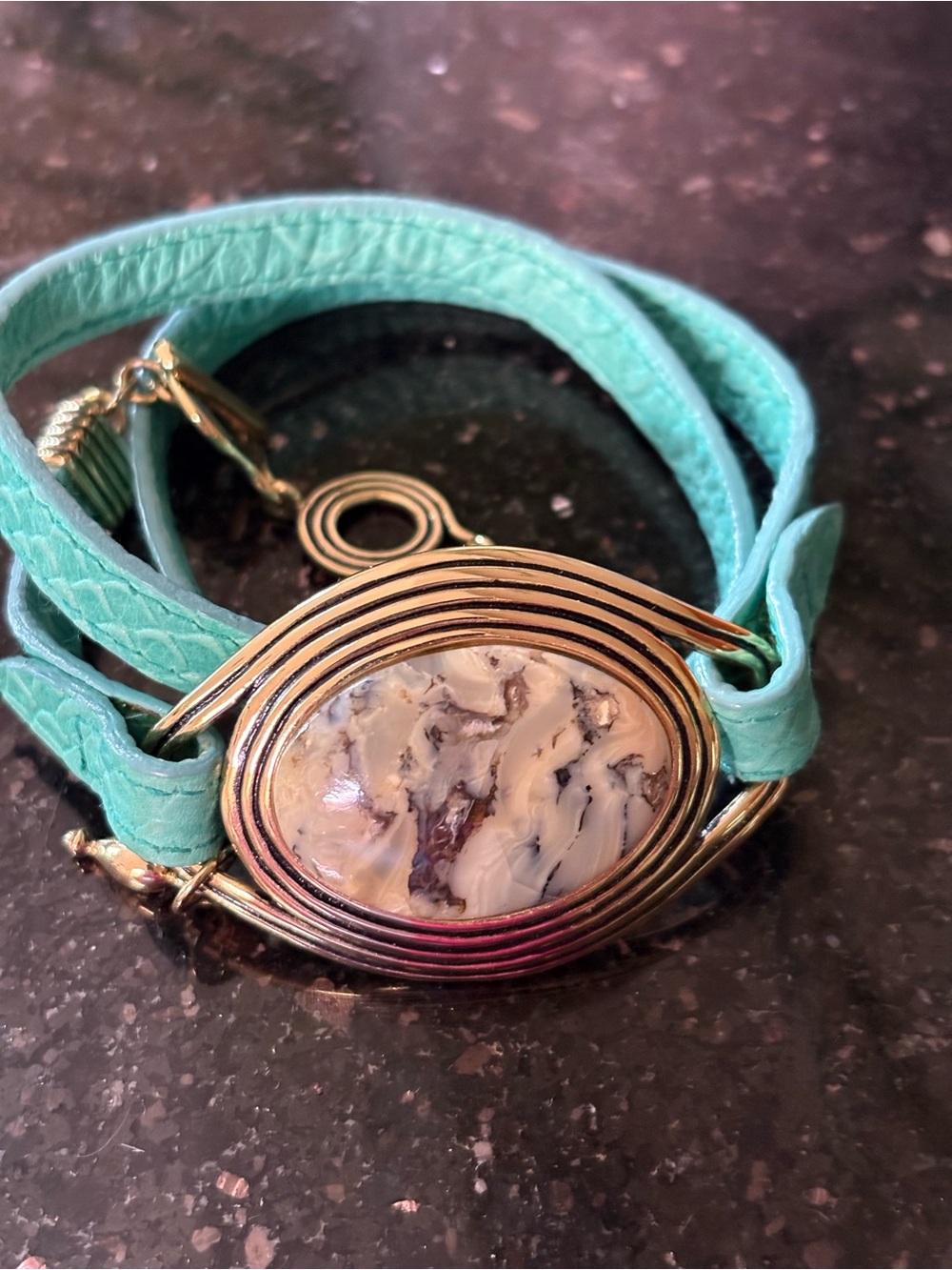 Studio Barse Leather Turquoise Wrap Bracelet with African Opal Stone Center